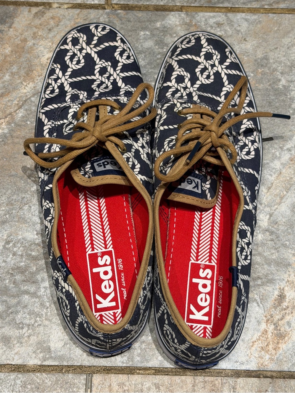 Keds Navy Rope-Print Canvas Boat Shoes with Brown Laces and Red Insoles